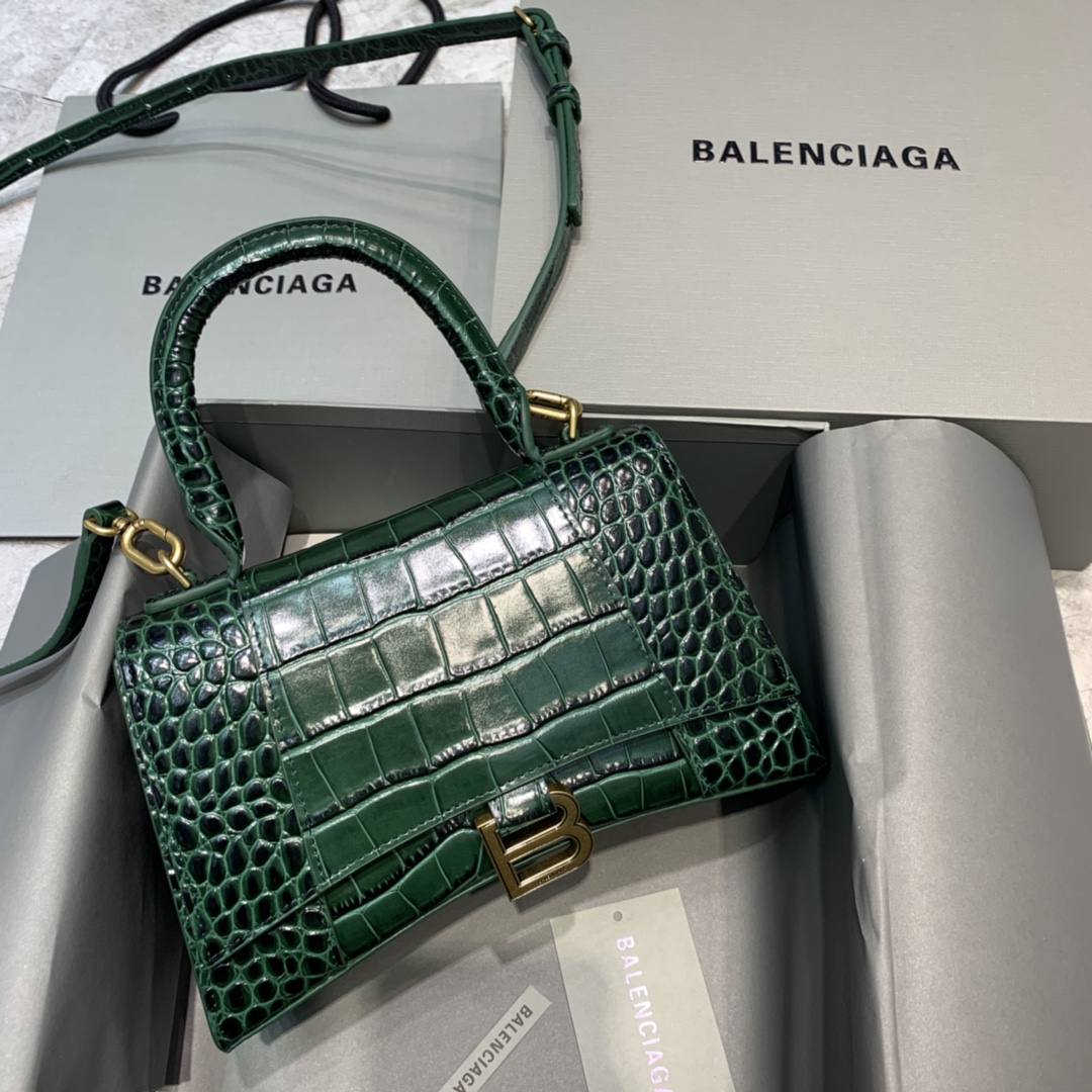 Balenciaga Hourglass Small Handbag Crocodile Embossed Shoulder Bag Dark Green